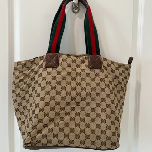 Gucci GG Canvas Monogram Web Tote Bag Brown Red Green Stripe 131231 - Picture 2 of 11